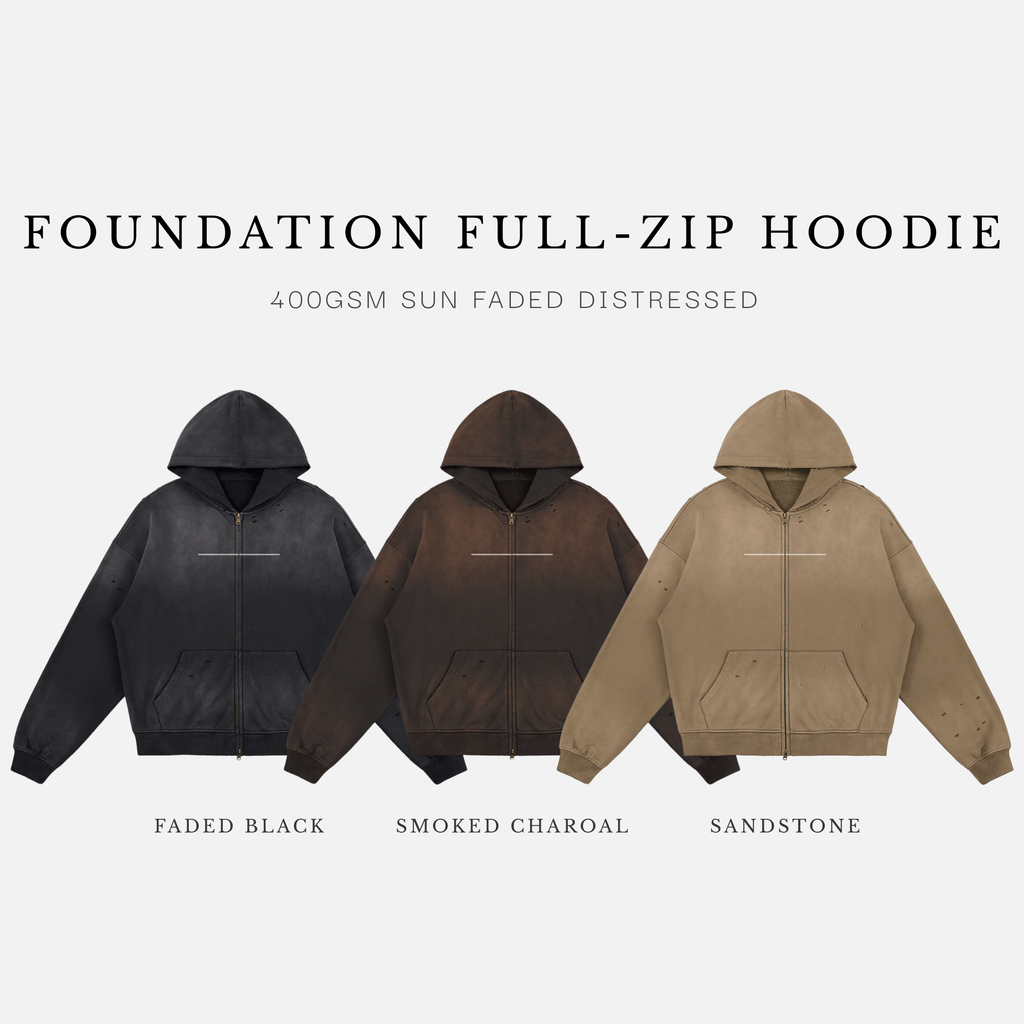 Foundation Full-Zip Hoodie — 440gsm Sun Faded Distressed