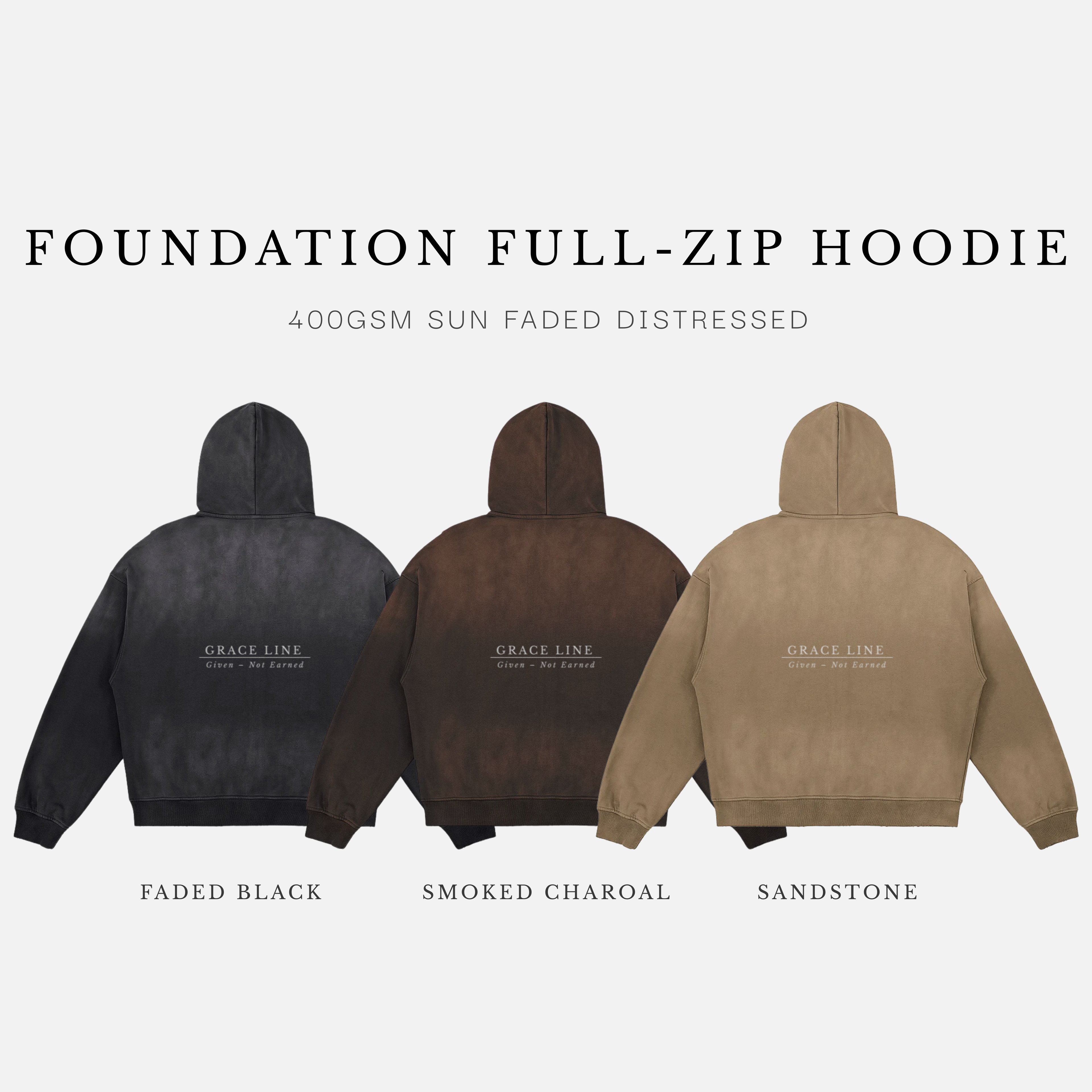Foundation Full-Zip Hoodie — 440gsm Sun Faded Distressed