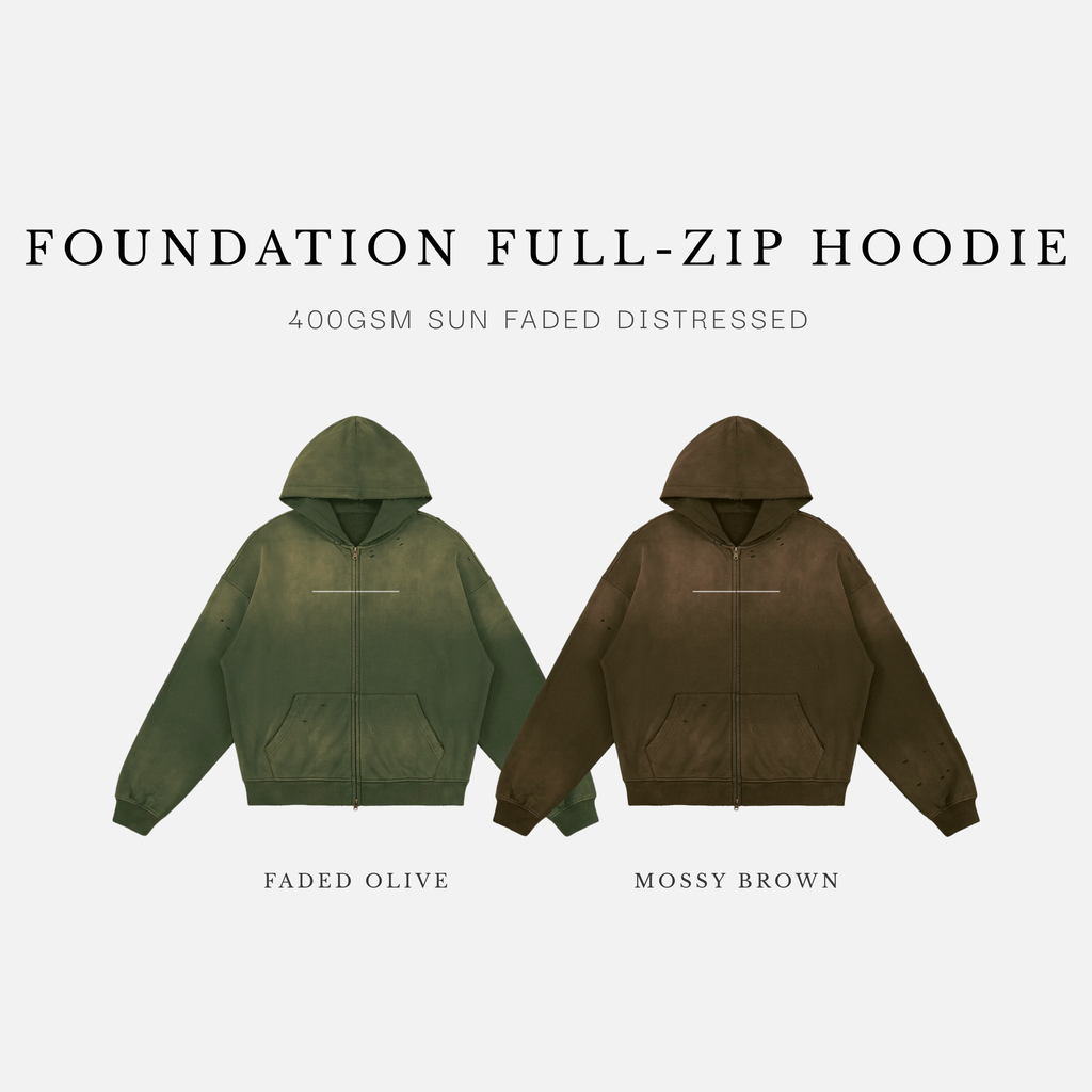Foundation Full-Zip Hoodie — 440gsm Sun Faded Distressed